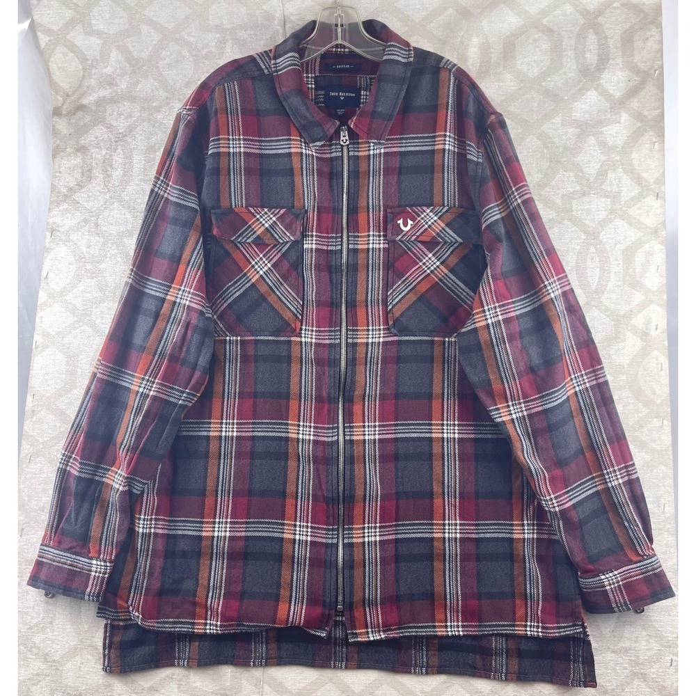 True Religion Mens Full Zip Plaid Flannel Shirt Jacket Red Grey‎ 2XL MSGBD8BY5